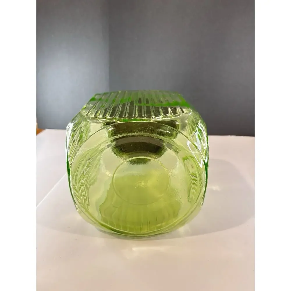 1930s Uranium Vaseline Glass Hoosier Style Canister Jar Ribbed UV Glow Lid